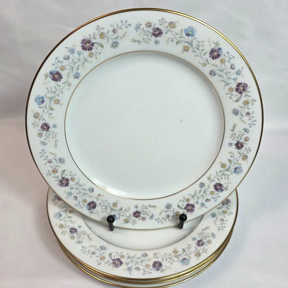 FOUR Noritake Longwood #2485 Salad Plates Purple, Blue & Yellow Flowers